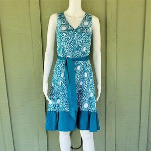 JONES WEAR Teal Print Tie Belt Stretch Cotton Dress 12